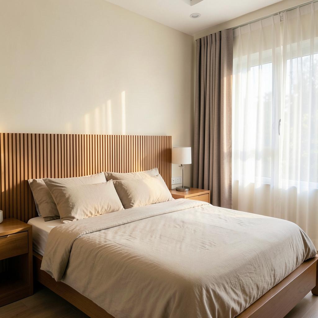 Bedroom project with fluted wood headboard wall