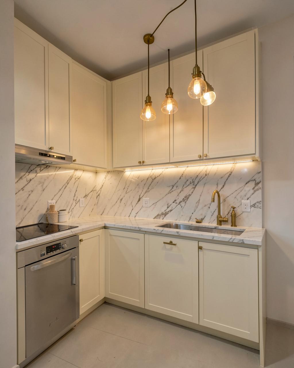 Modular kitchen project with marble backsplash