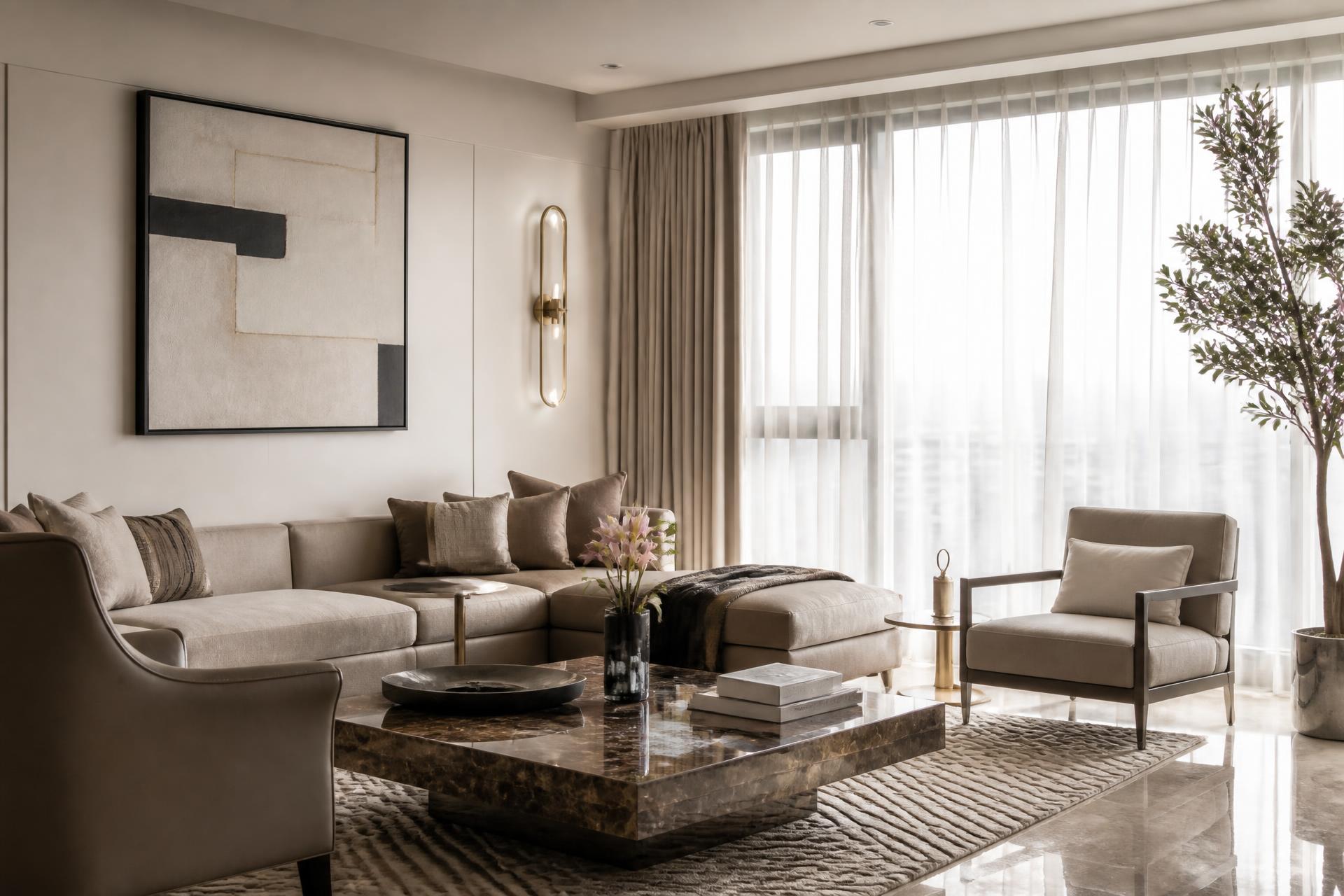 Premium living room interior designed for a modern home in Gurugram