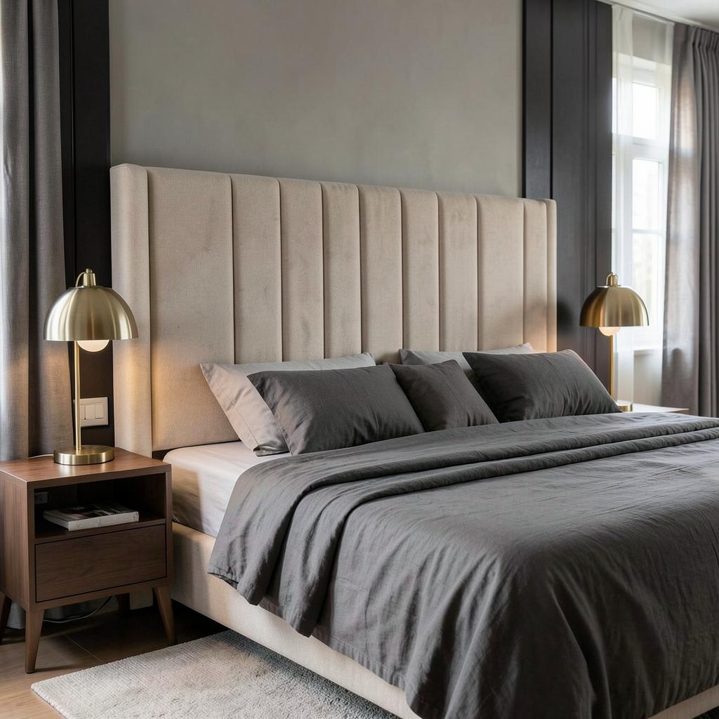 Bedroom interior design with upholstered headboard and brass bedside lamps