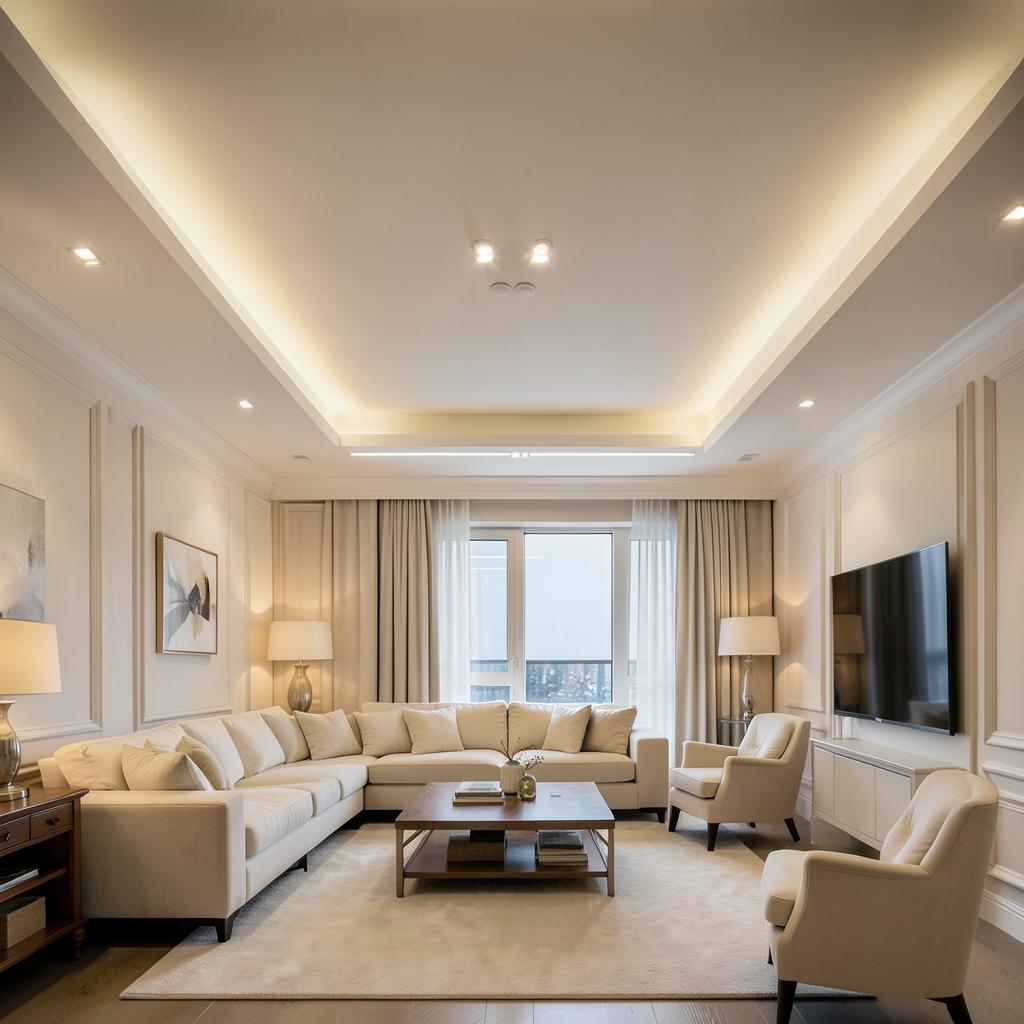 False ceiling with cove lighting in an ivory living space