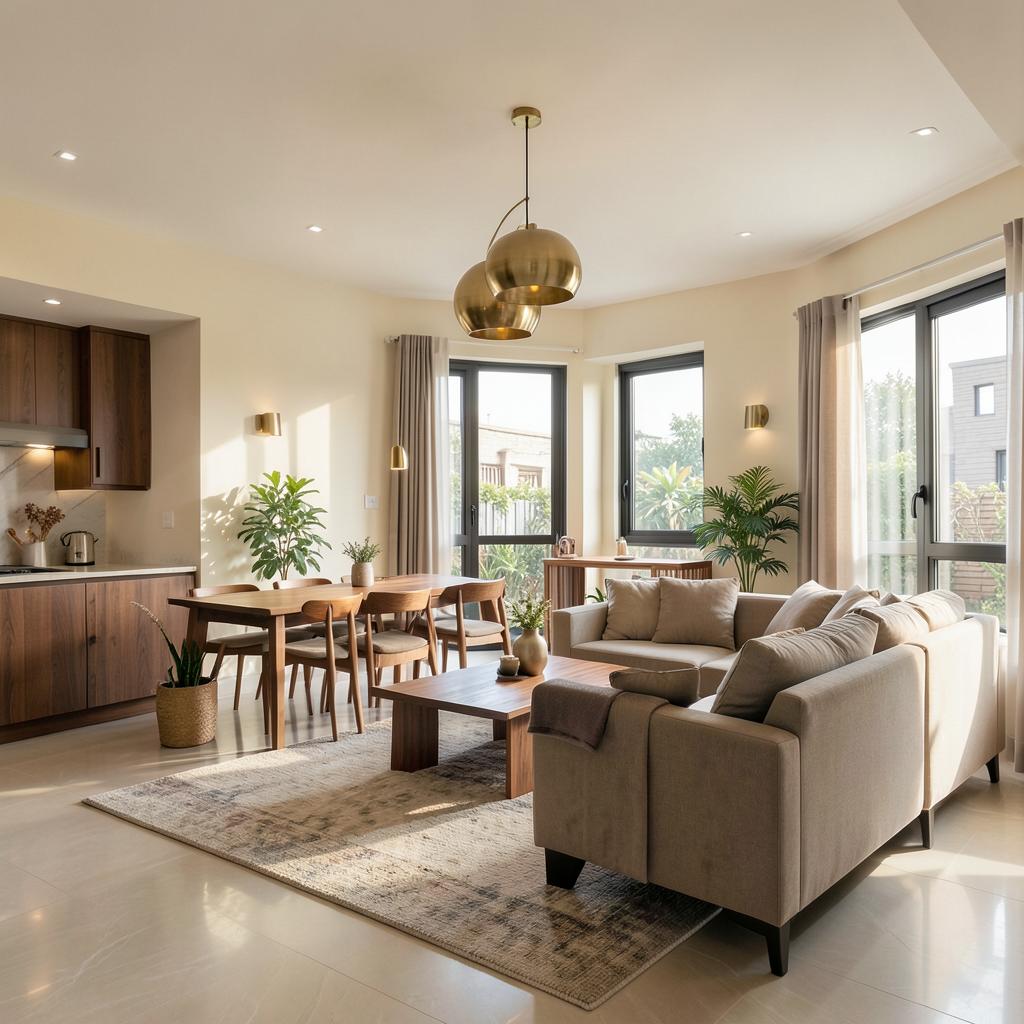Complete home interiors covering open plan living and dining in a Gurugram apartment