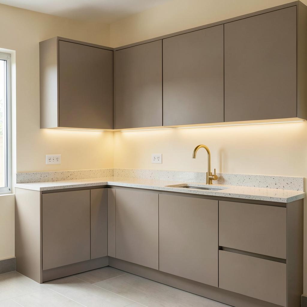Modular kitchen in Gurugram with handleless taupe cabinetry and quartz countertop