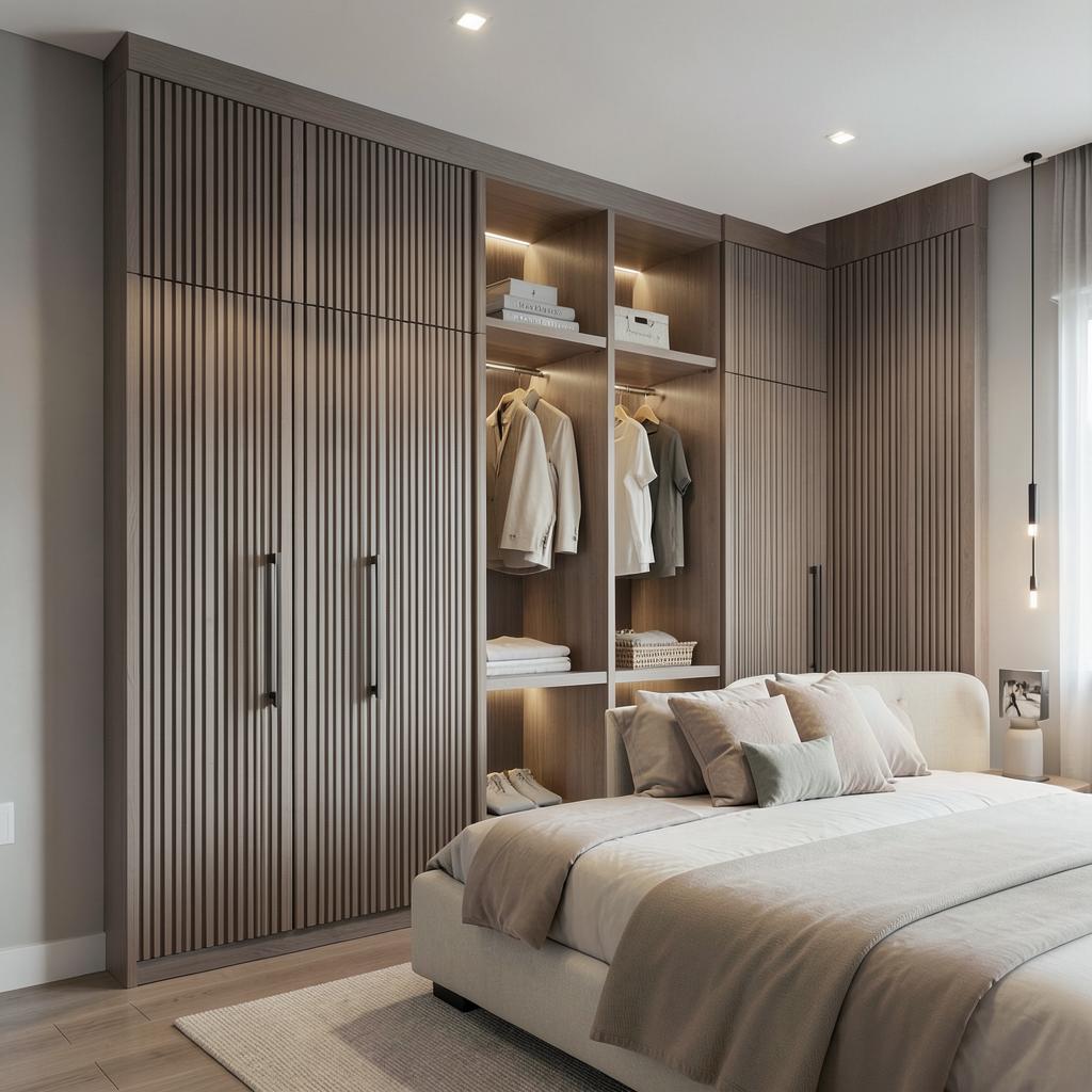 Custom fluted wood wardrobe with integrated lighting in a Gurugram home